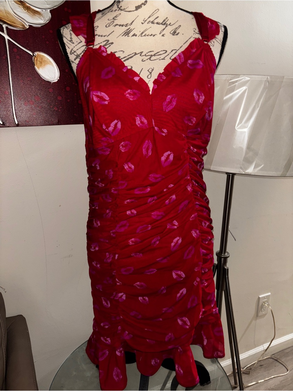 Ruched Red Midi Dress with Pink Lip-Print